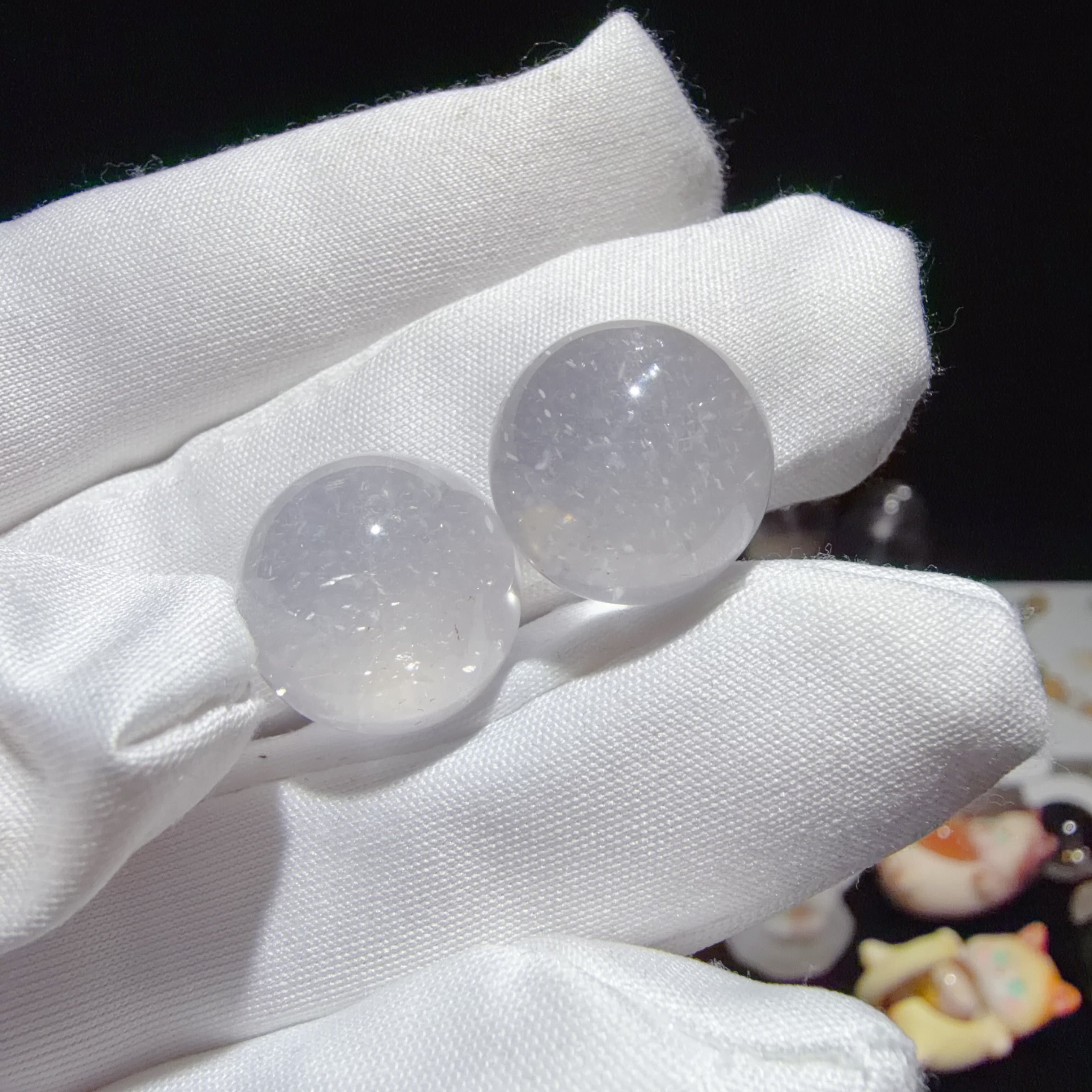 Pair of Quartz Beads with Blue and Mica Inclusions