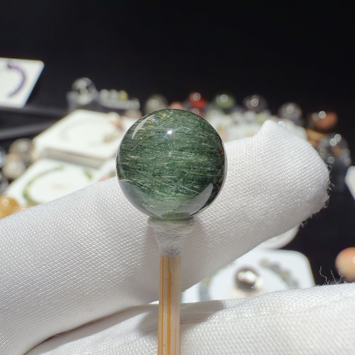 Quartz Bead with Dark Green Fibrous and Titanite Inclusions 11.7 mm