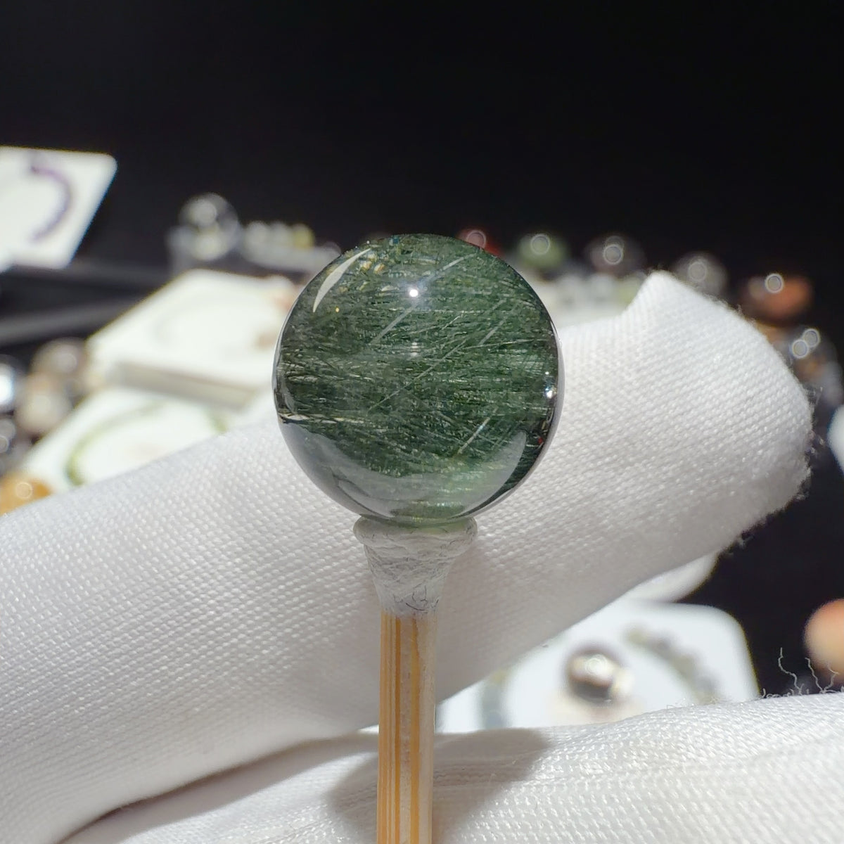 Quartz Bead with Dark Green Fibrous and Titanite Inclusions 11.7 mm