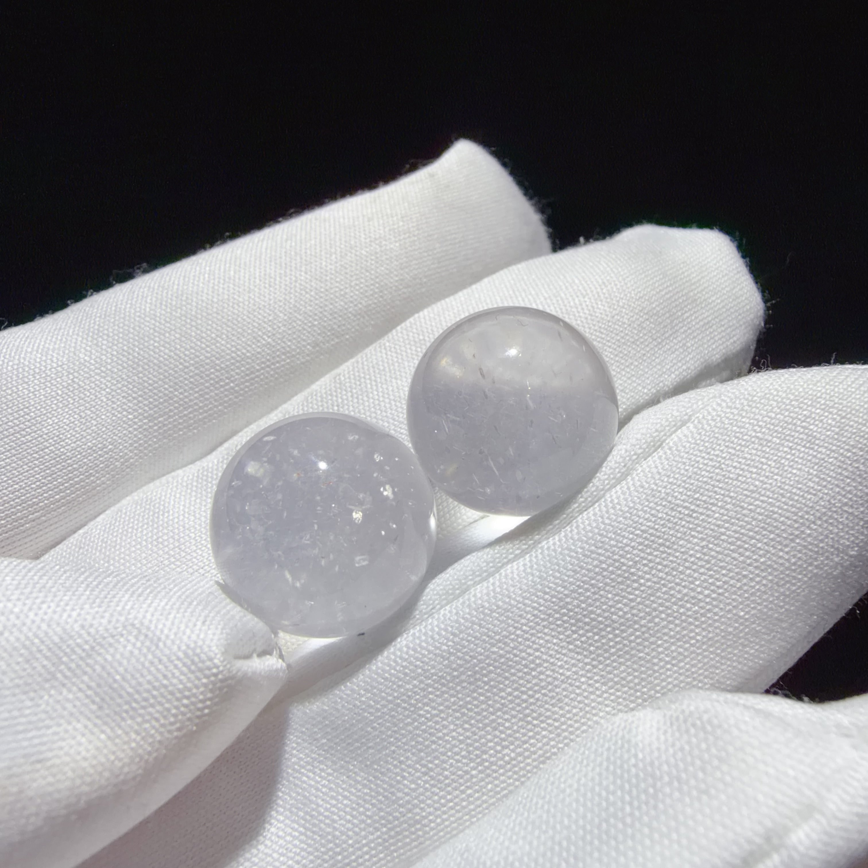 Pair of Quartz Beads with Blue and Mica Inclusions
