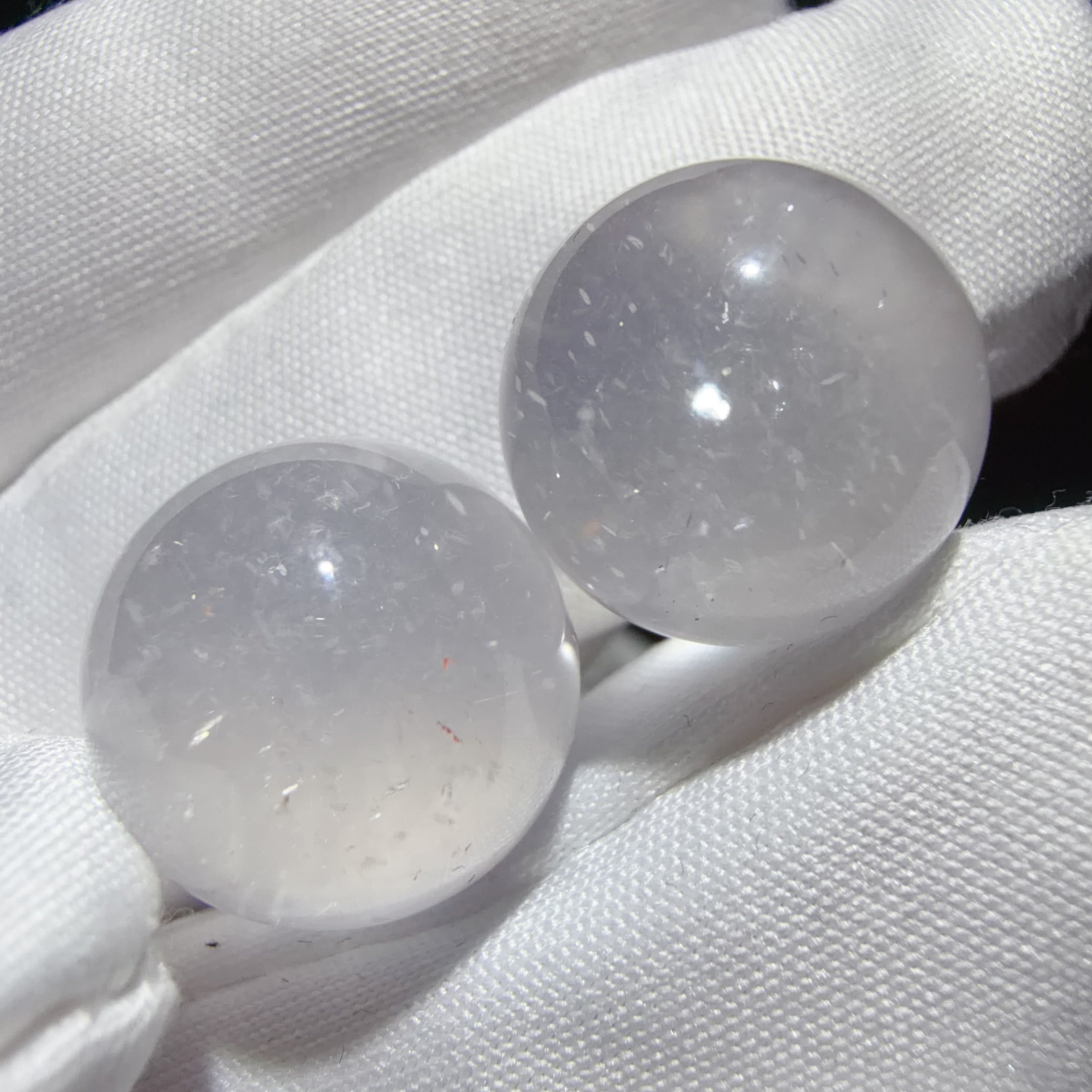 Pair of Quartz Beads with Blue and Mica Inclusions