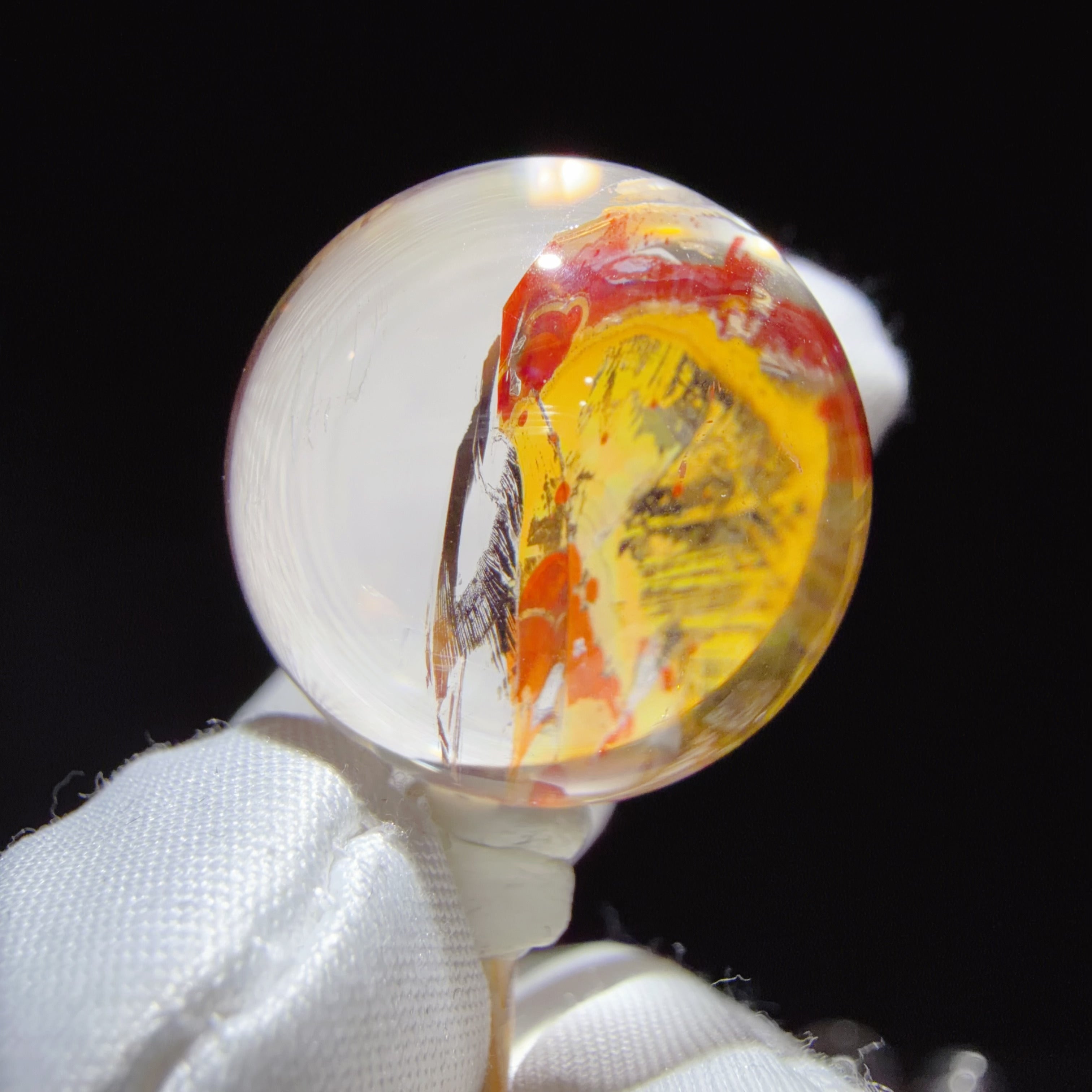 Quartz Bead with Red and Yellow Flower-like Inclusions