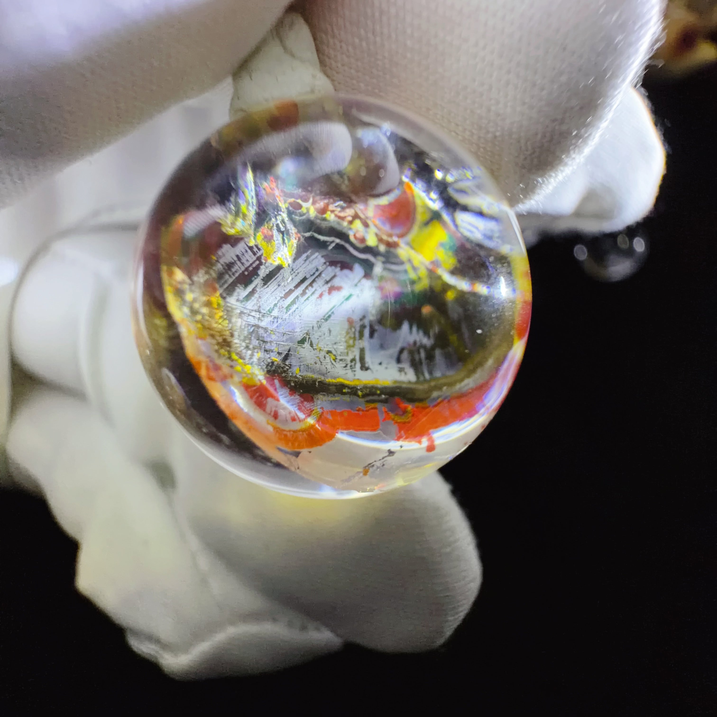 Quartz Bead with Red and Yellow Flower-like Inclusions