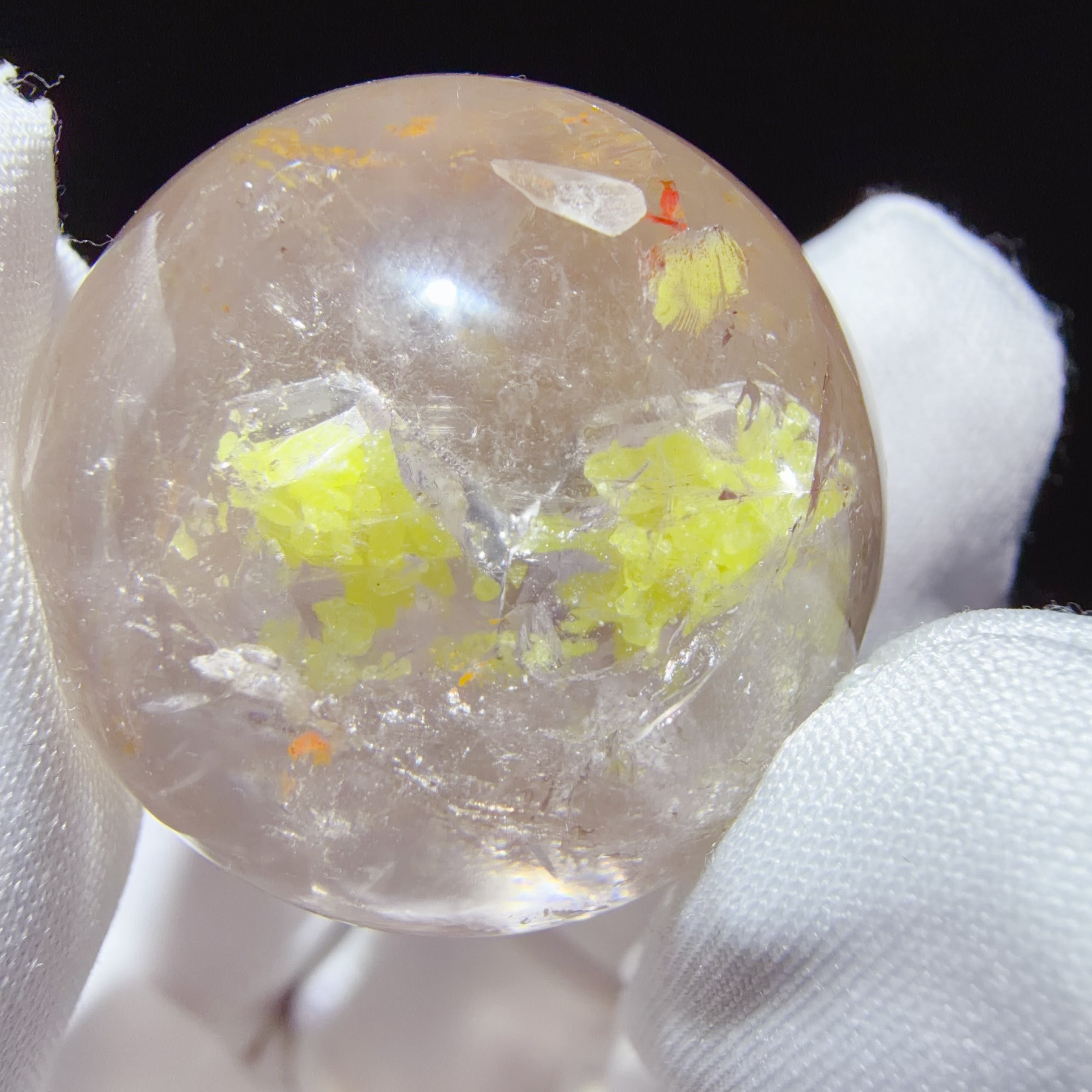 Quartz Sphere with Mobile Native Sulphur Inclusions