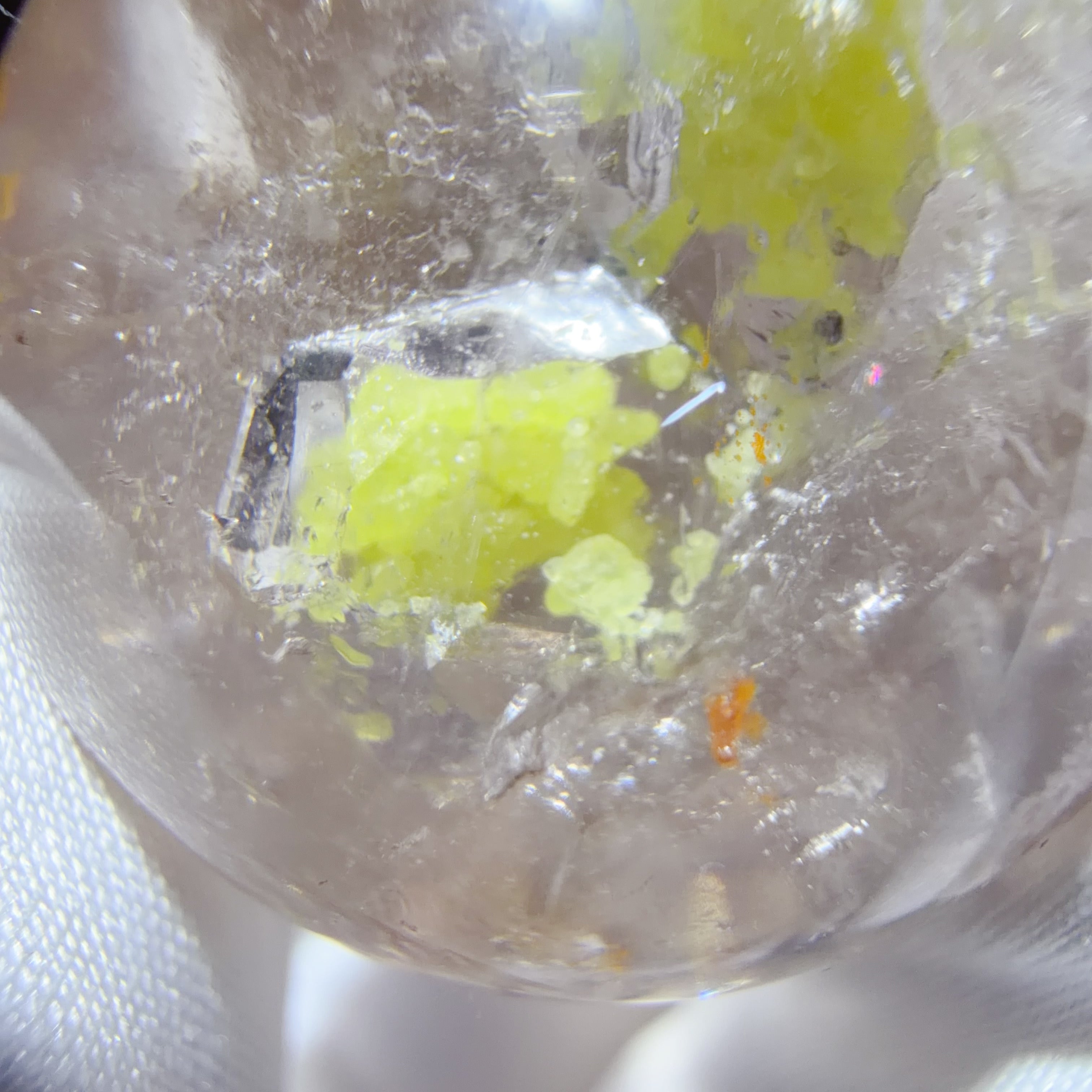 Quartz Sphere with Mobile Native Sulphur Inclusions