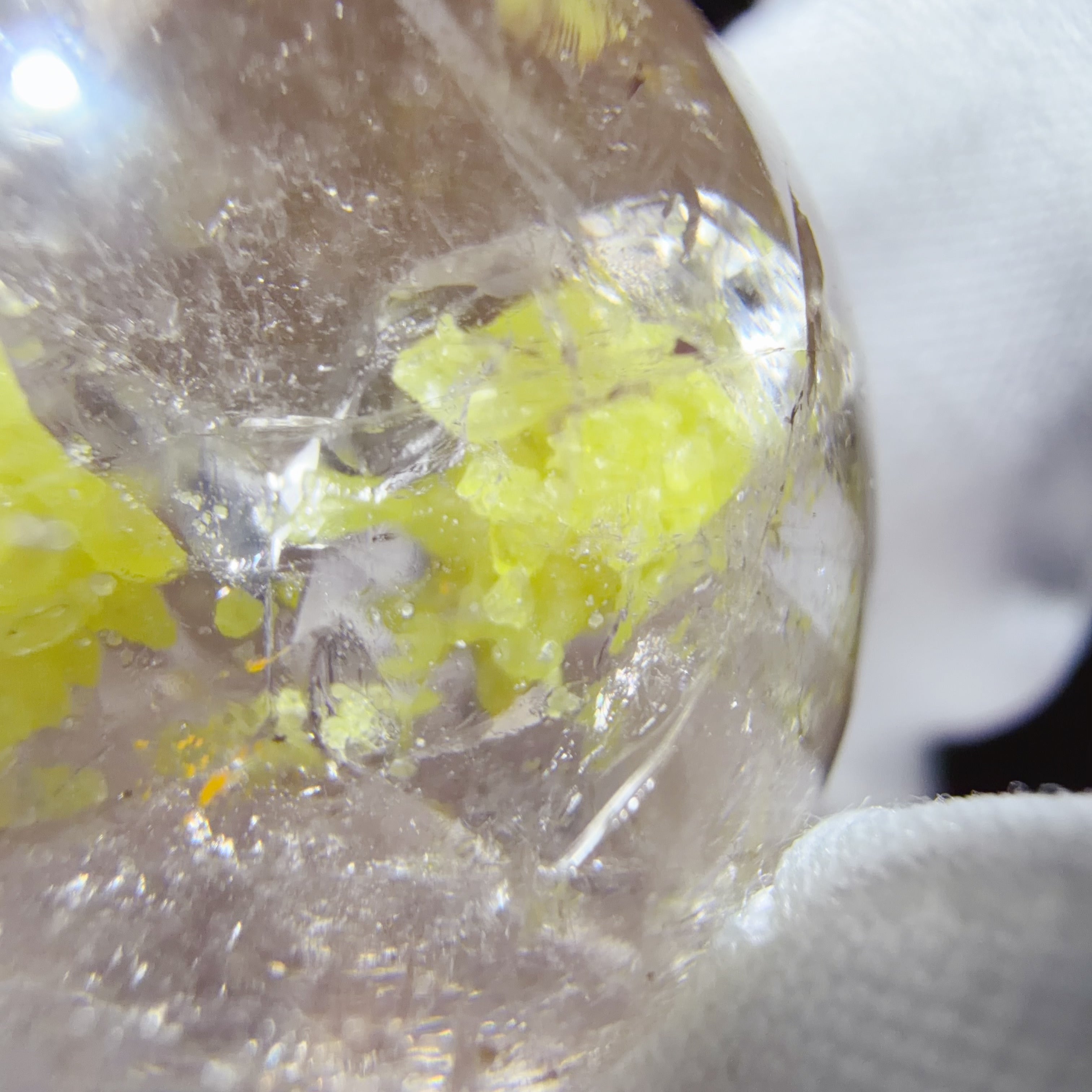 Quartz Sphere with Mobile Native Sulphur Inclusions