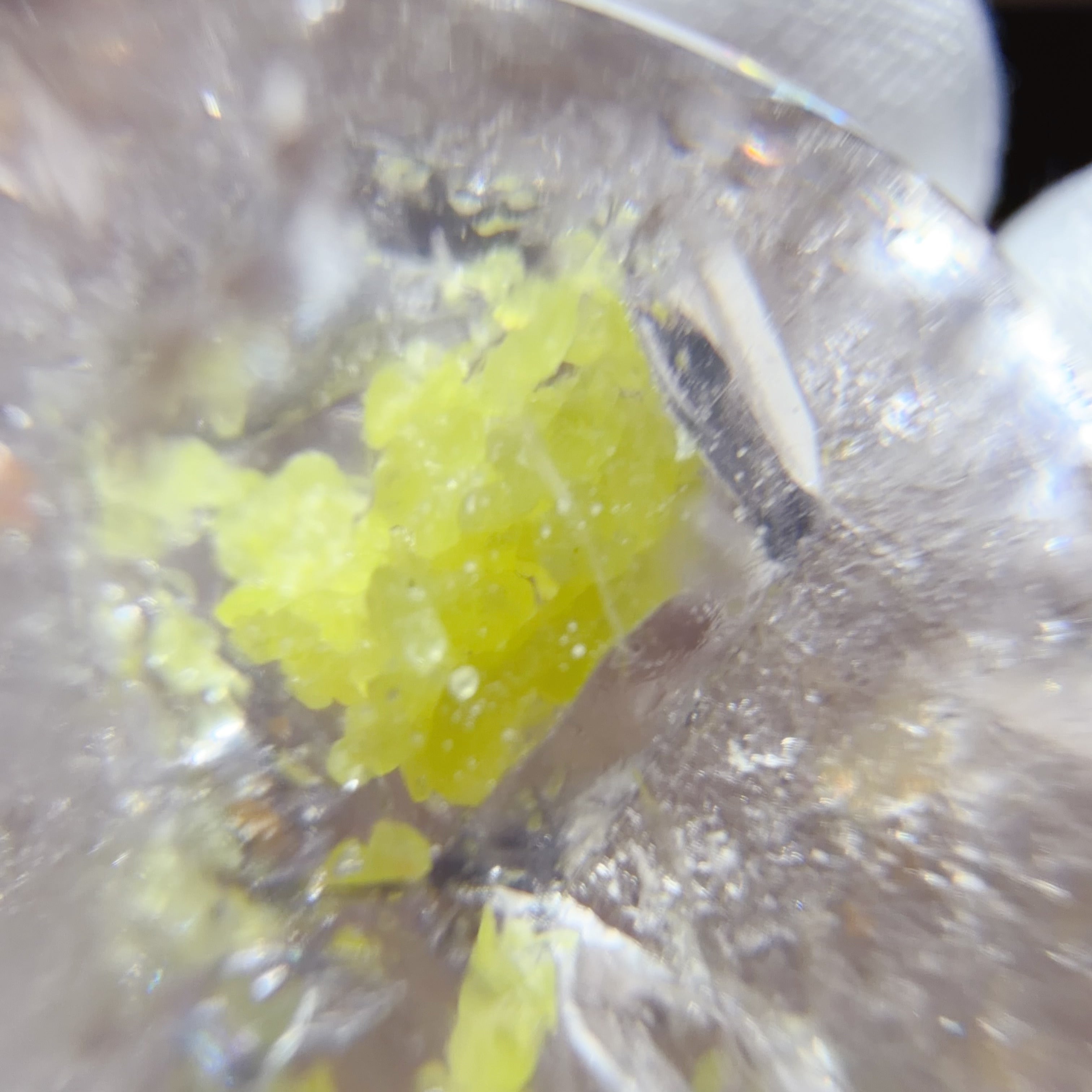 Quartz Sphere with Mobile Native Sulphur Inclusions