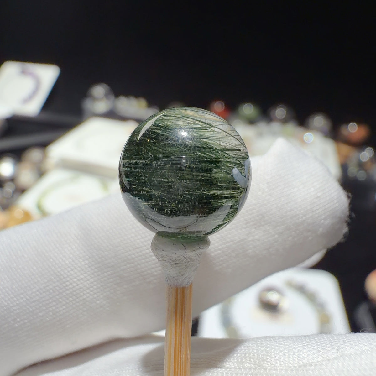 Quartz Bead with Dark Green Fibrous and Titanite Inclusions 11.7 mm